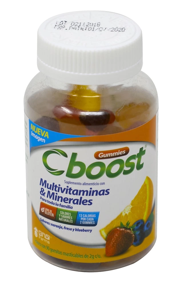 Multivitaminas y Minerales Suplemento Alimenticio C-Boost sabor Naranja, Fresa y Uva 90 gomitas de 2 g